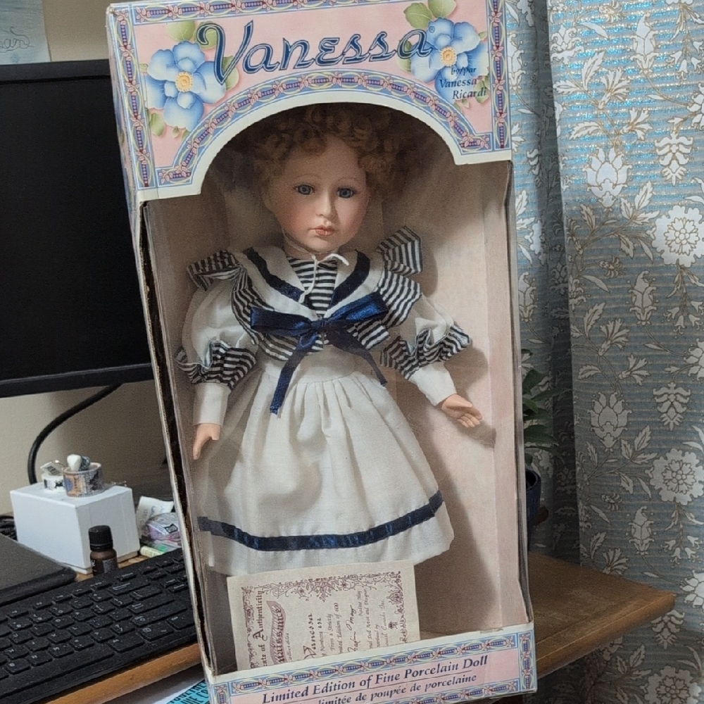 Vanessa Porcelain Doll in Navy and White Dress